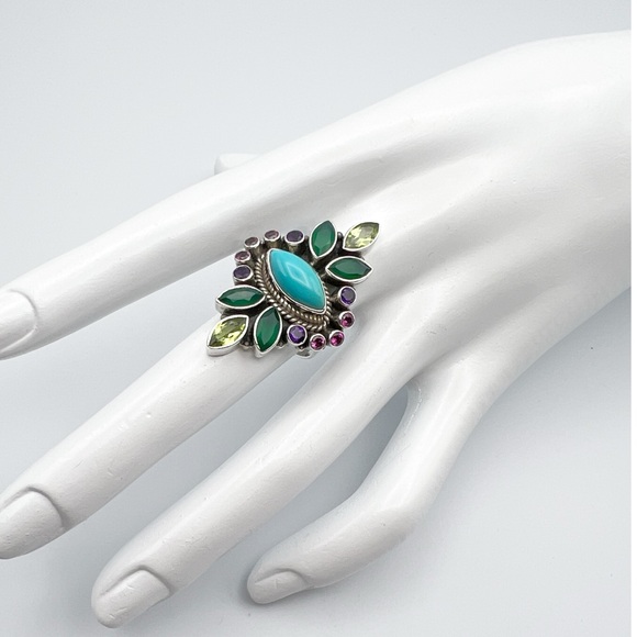 🌟NICKY BUTLER 925 Sterling Silver Turquoise Multi Gem East West Ring Siz… - Picture 5 of 12